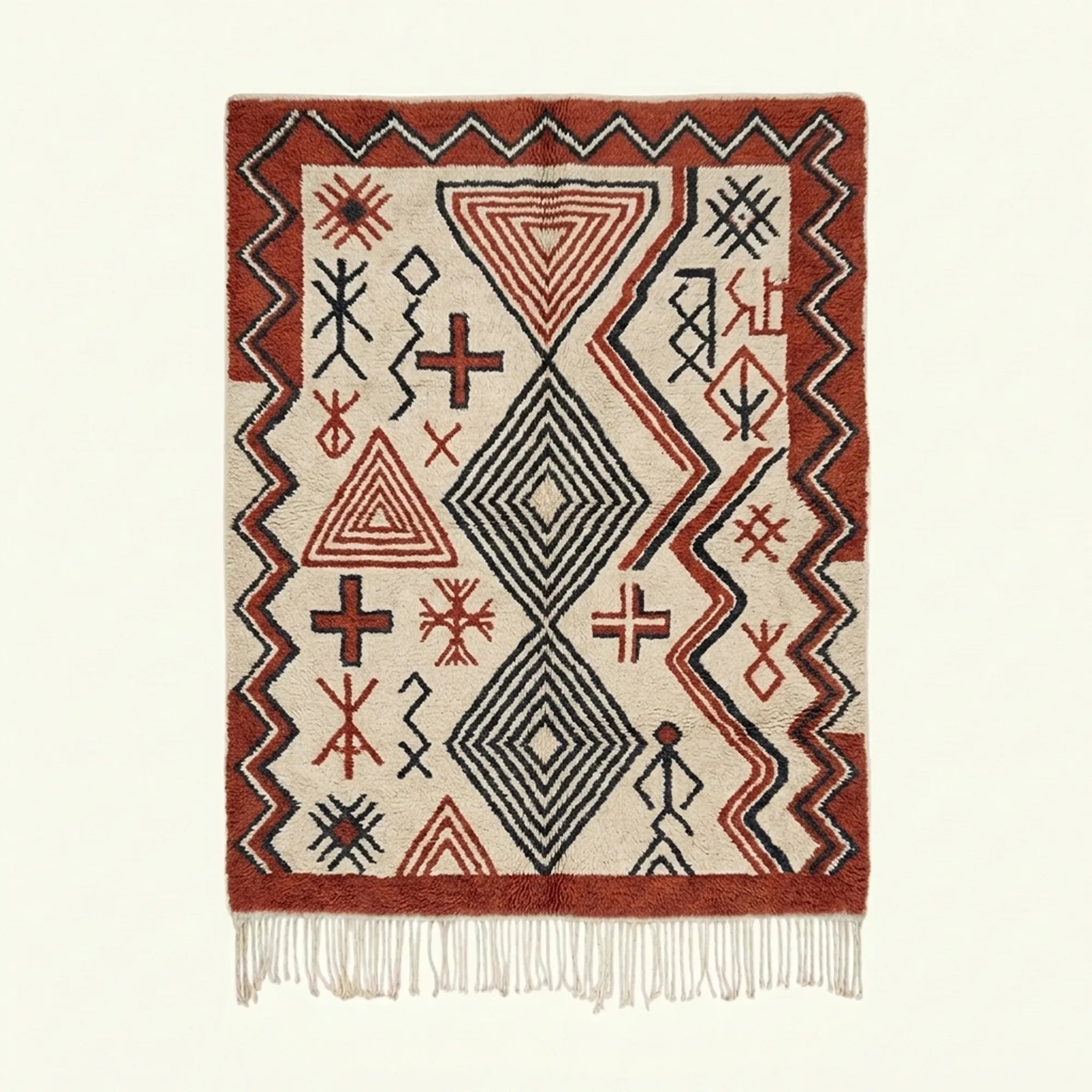 Ivory Azilal rug Awal with rust tribal geometry, full rug view