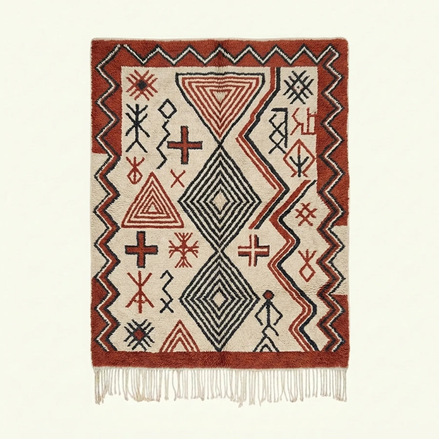 Ivory Azilal rug Awal with rust tribal geometry, full rug view