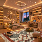 Ivory Azilal rug Awal with rust tribal geometry, room view