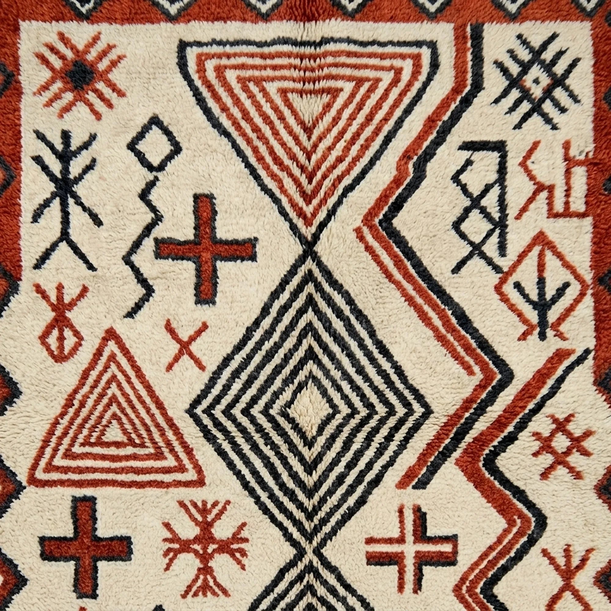 Ivory Azilal rug Awal with rust tribal geometry, pattern detail