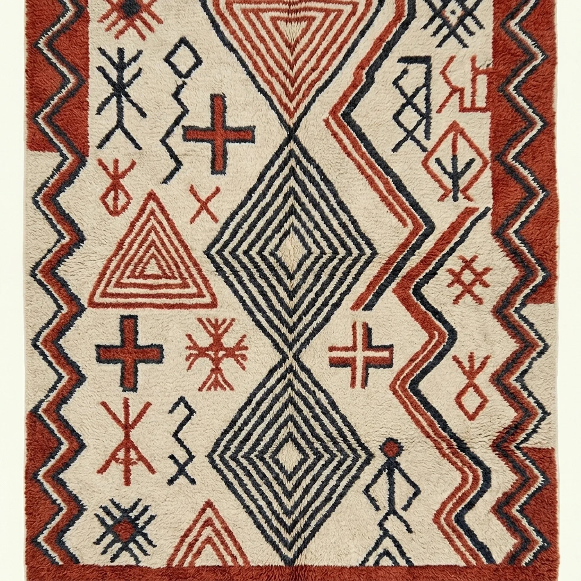 Ivory Azilal rug Awal with rust tribal geometry, wool texture detail