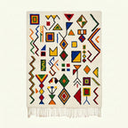 Ivory Azilal rug Azwaw with multicolor symbol pattern, full rug view
