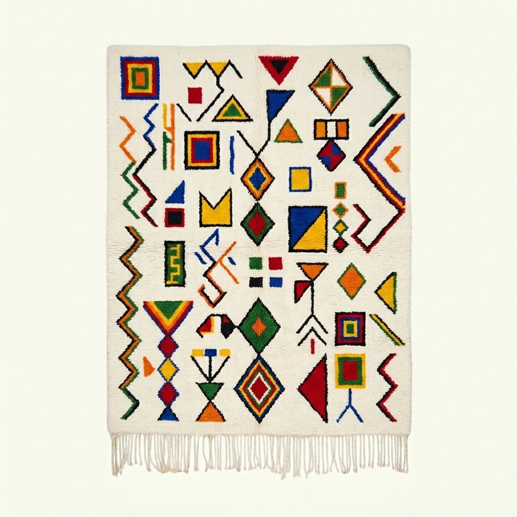Ivory Azilal rug Azwaw with multicolor symbol pattern, full rug view