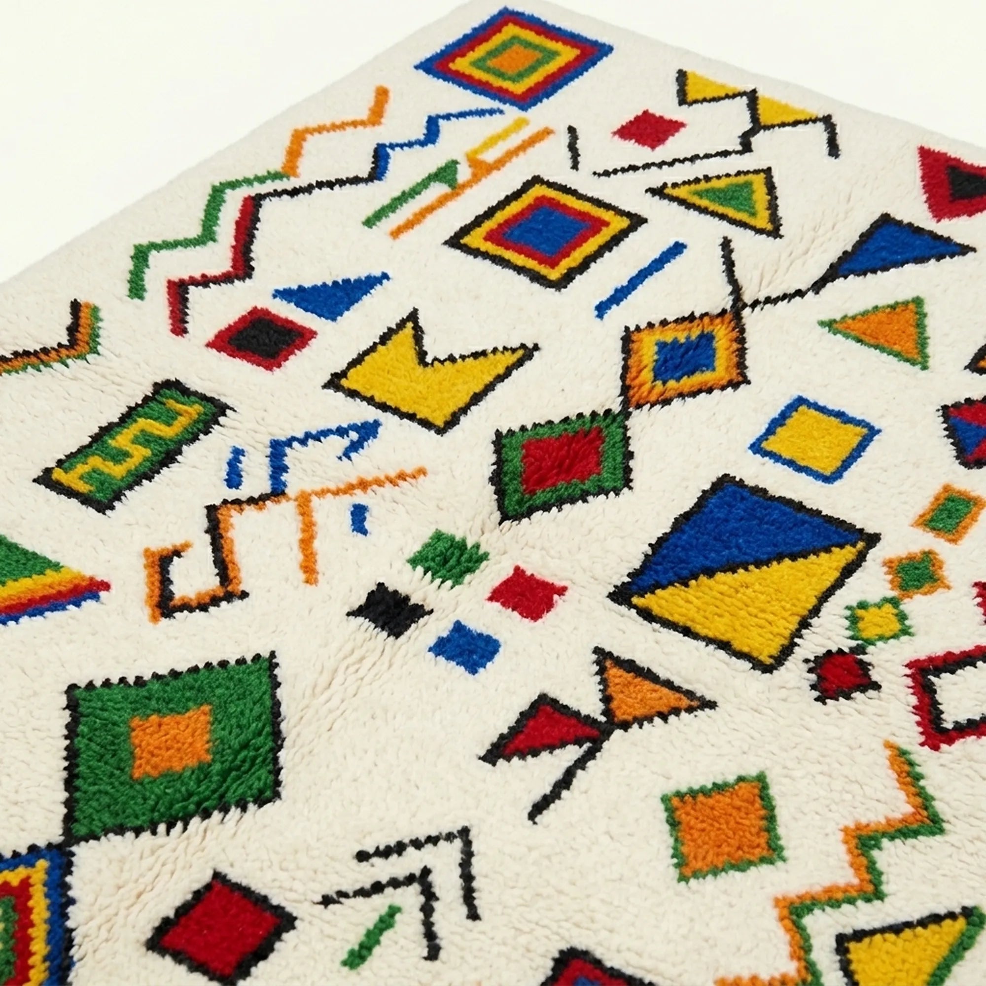 Ivory Azilal rug Azwaw with multicolor symbol pattern, pattern detail