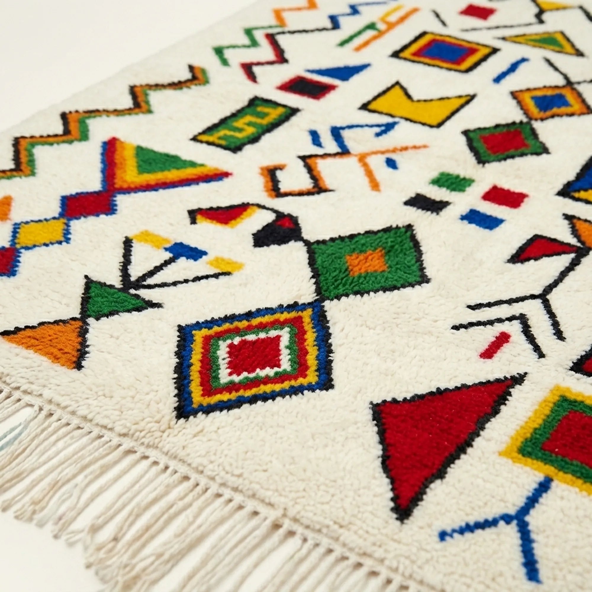 Ivory Azilal rug Azwaw with multicolor symbol pattern, border detail