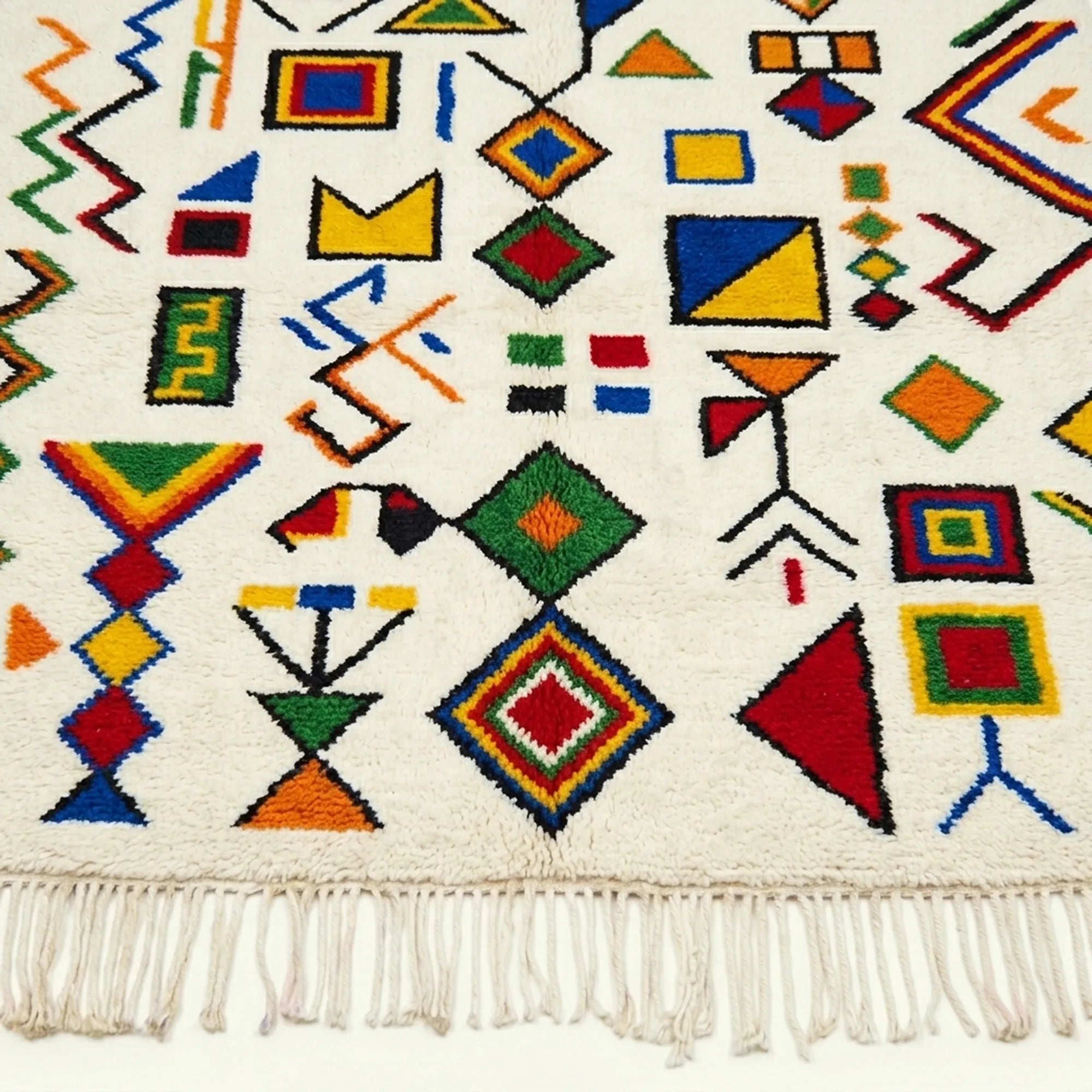 Ivory Azilal rug Azwaw with multicolor symbol pattern, fringe detail