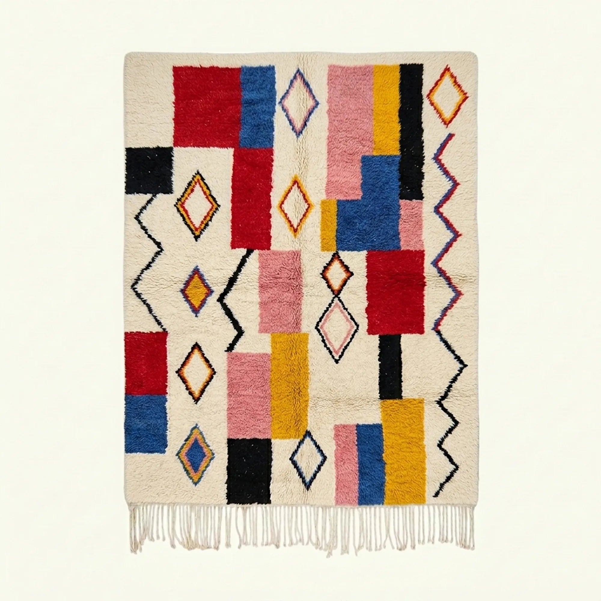 Ivory Azilal rug Izem with multicolor color block and diamond pattern, full rug view