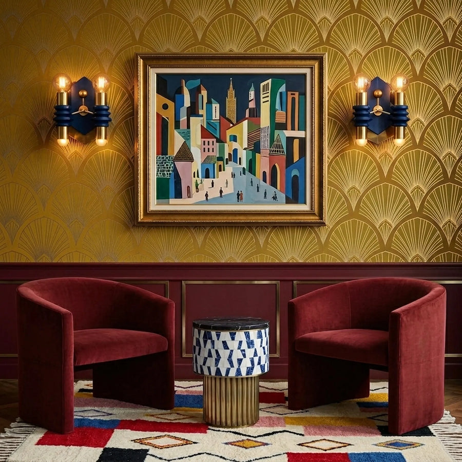 Ivory Azilal rug Izem with multicolor motifs, styled room view
