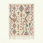 Ivory Azilal rug Tamazla with pastel tribal pattern, full rug view
