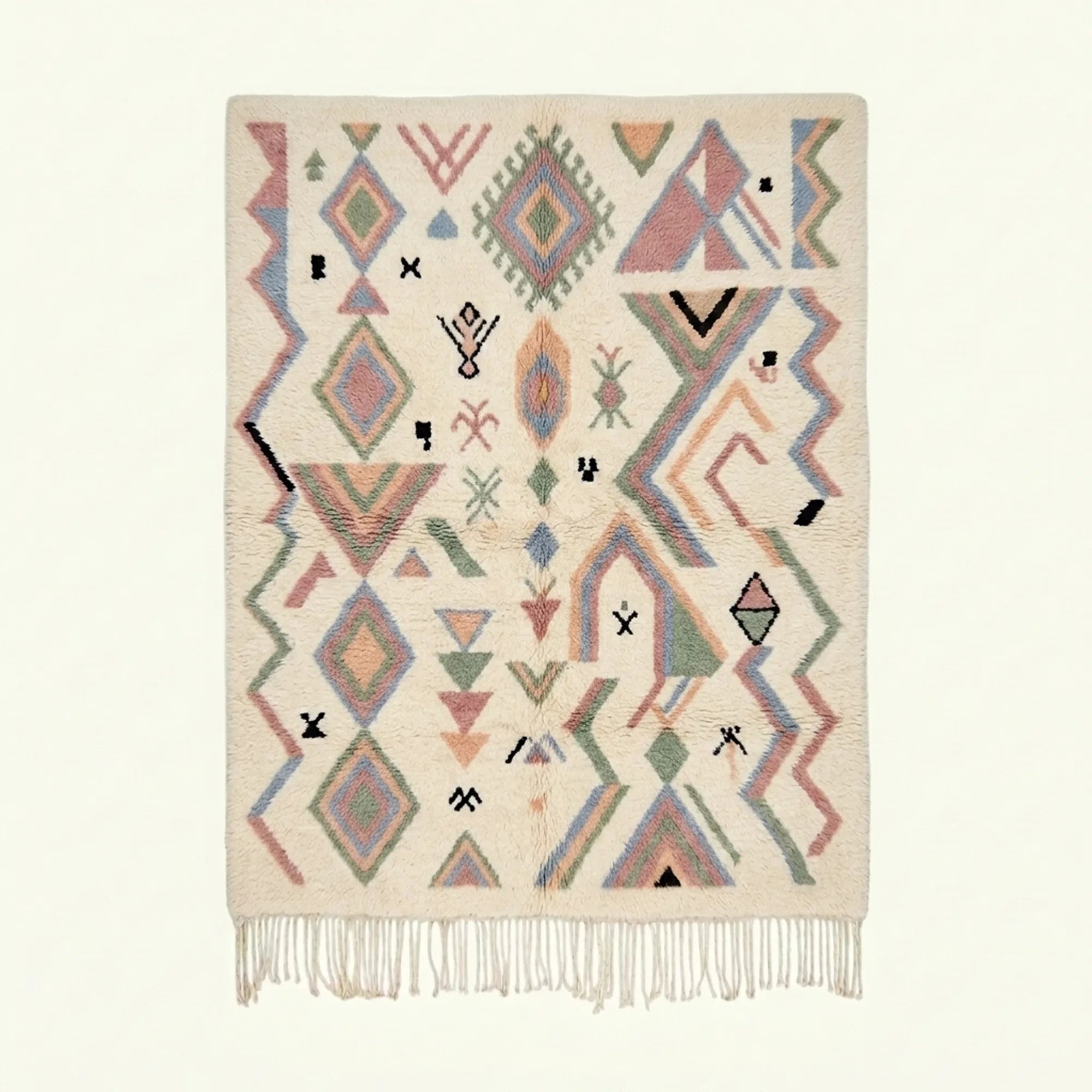 Ivory Azilal rug Tamazla with pastel tribal pattern, full rug view
