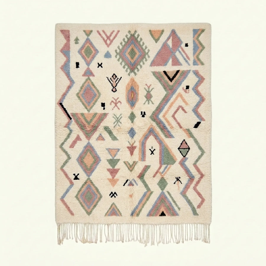 Ivory Azilal rug Tamazla with pastel tribal pattern, full rug view