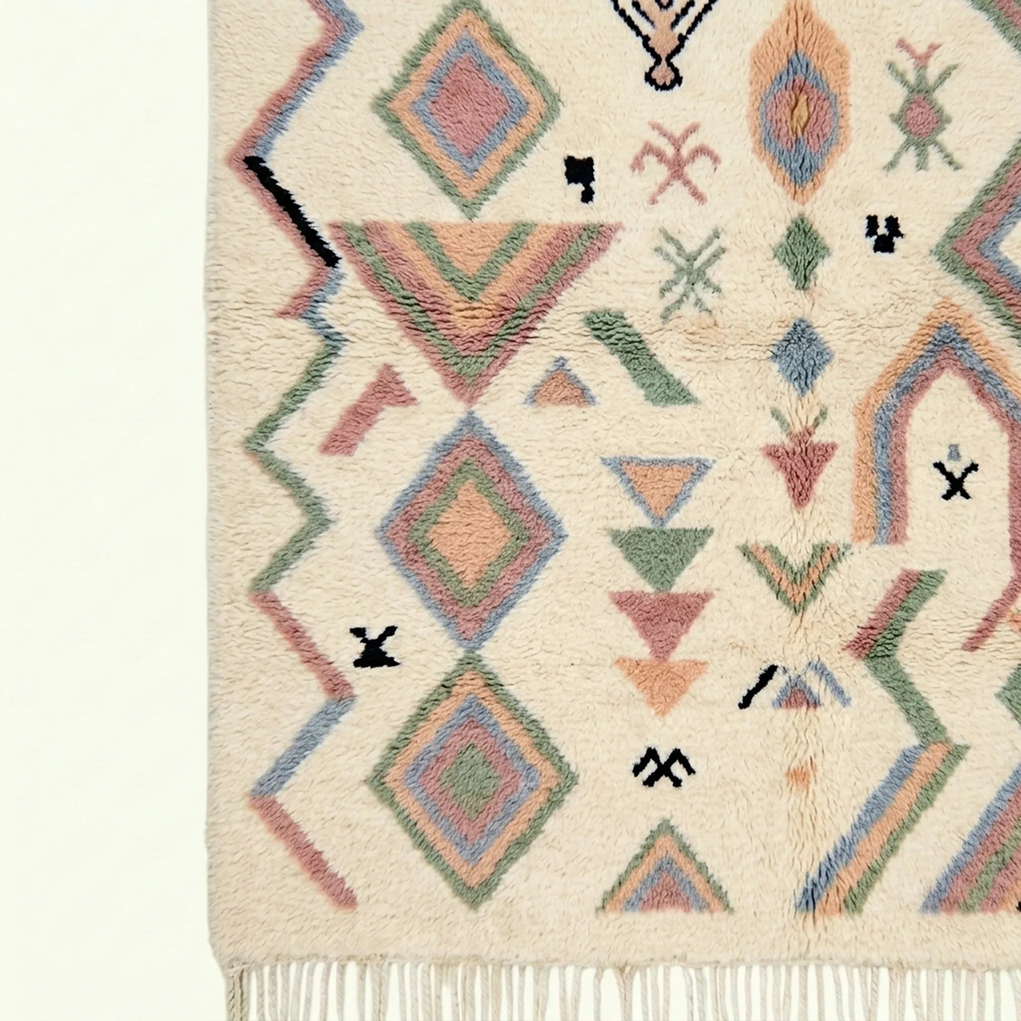 Ivory Azilal rug Tamazla with pastel tribal pattern, pattern detail