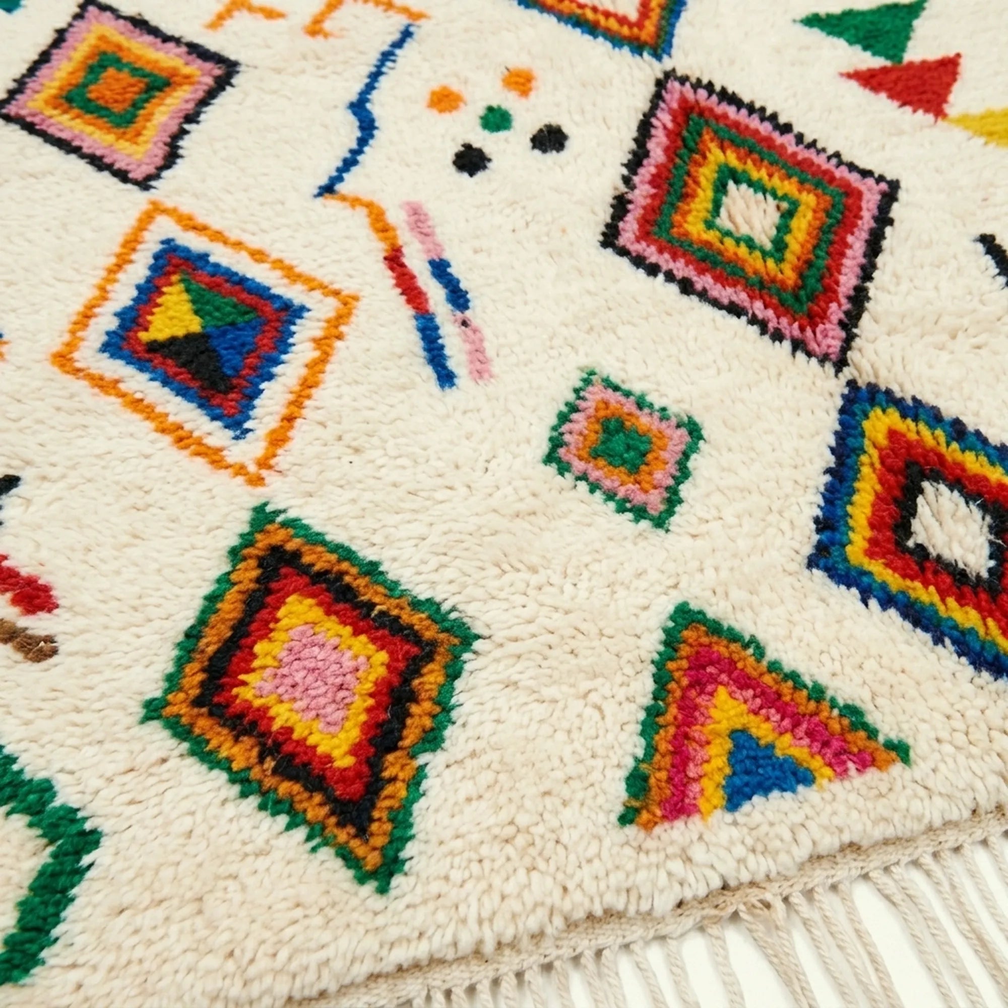 Ivory Azilal rug Tamuda with multicolor diamond mosaic, fringe detail