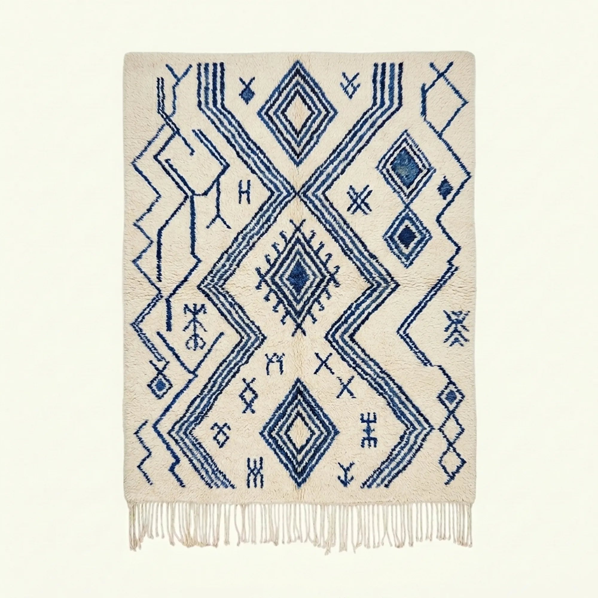 Ivory Azilal rug Tasga with blue angular diamonds, full rug view