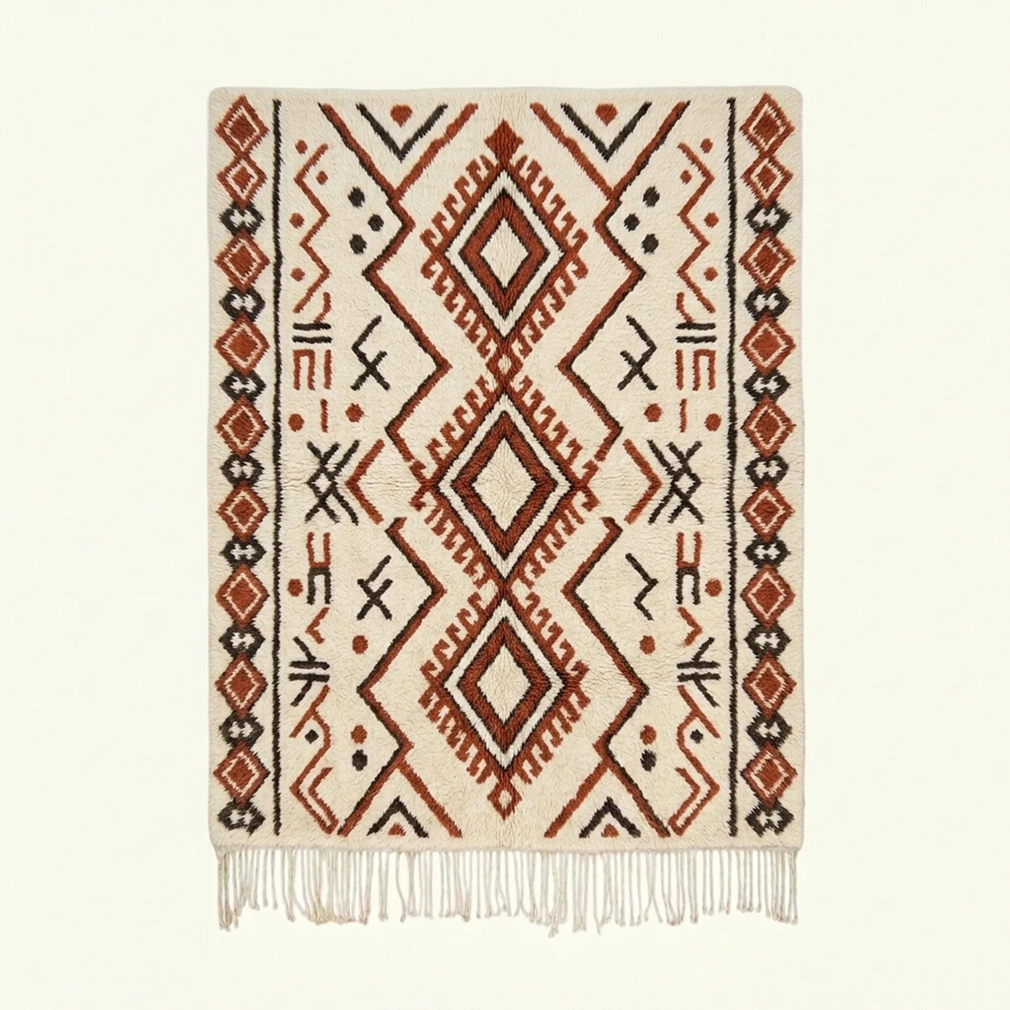 Ivory Azilal rug Tazirit with rust diamond border, full rug view
