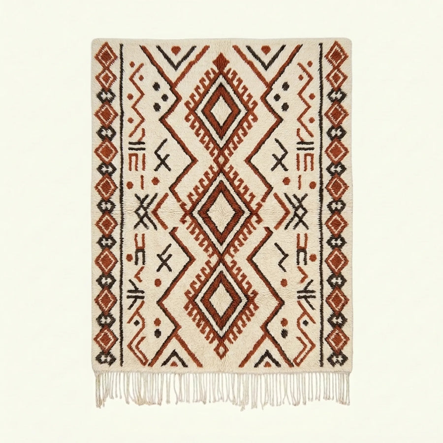 Ivory Azilal rug Tazirit with rust diamond border, full rug view