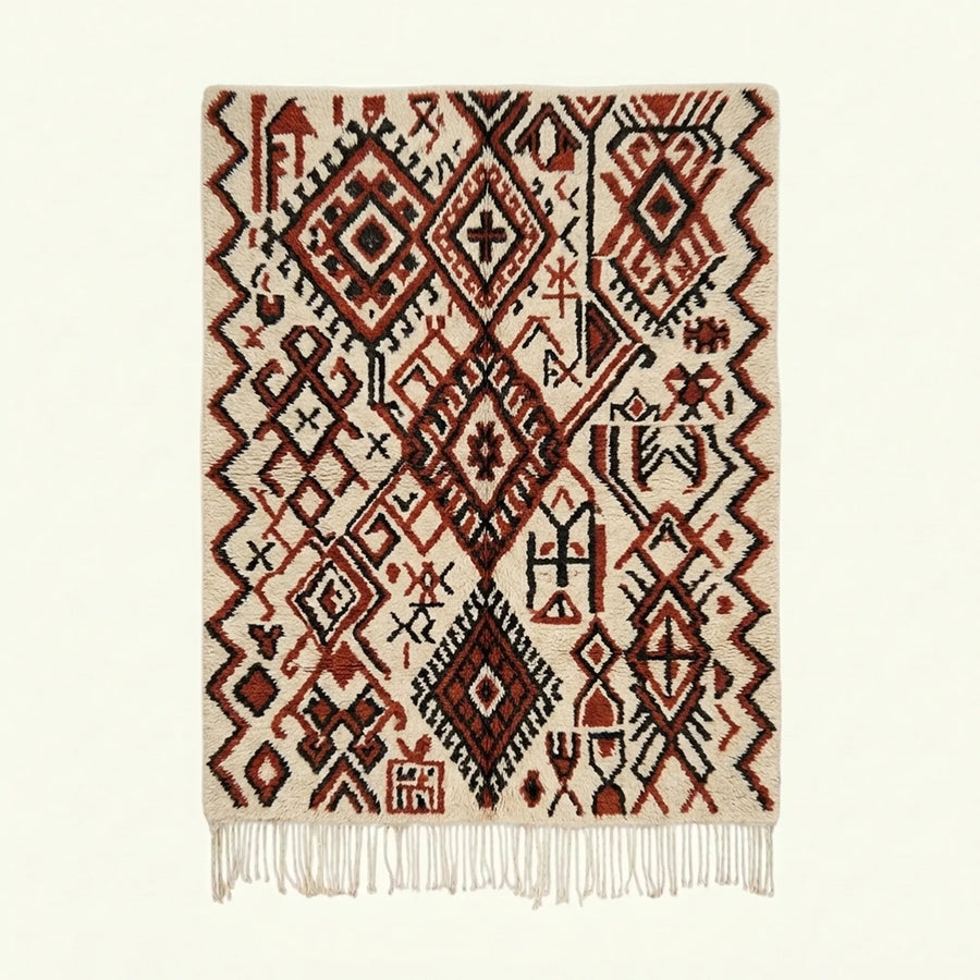 Ivory Azilal rug Tifin with burgundy diamond lattice, full rug view