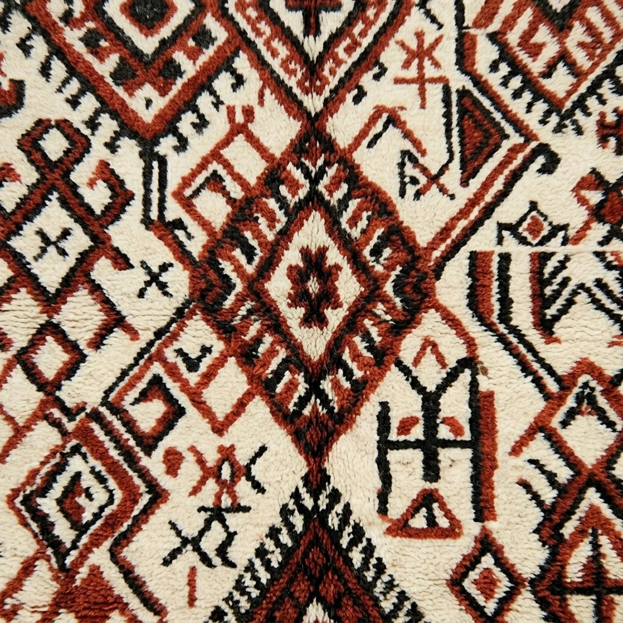 Ivory Azilal rug Tifin with burgundy diamond lattice, wool texture detail