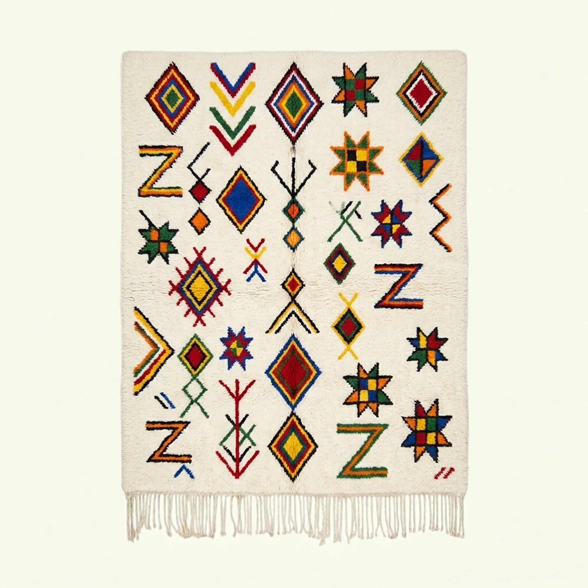 Ivory Azilal rug Tilelli with star diamond pattern, full rug view