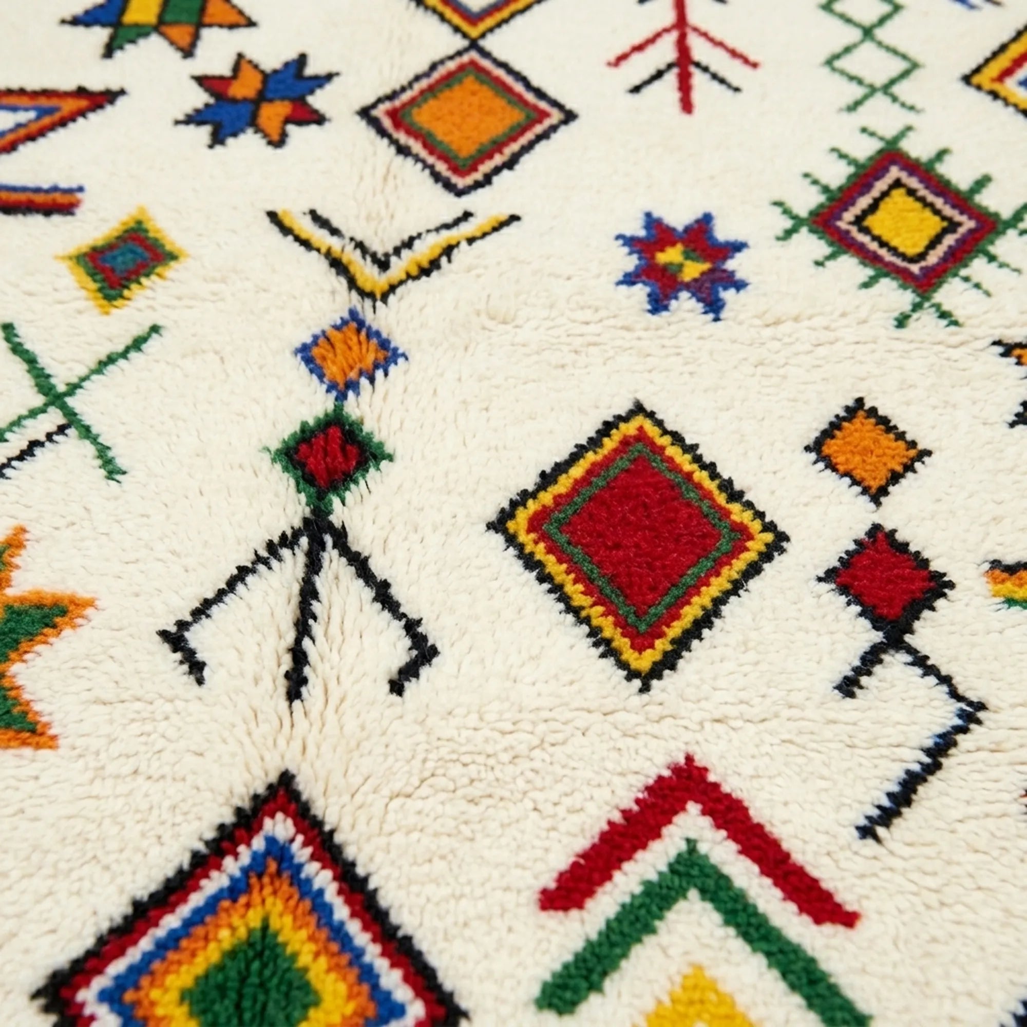 Ivory Azilal rug Tilelli with star diamond pattern, fringe detail