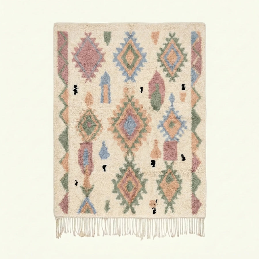 Ivory Azilal rug Tiwizi with pastel diamond columns, full rug view