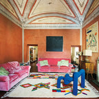 Ivory Azilal rug Tuda with multicolor stripe diamonds, room view