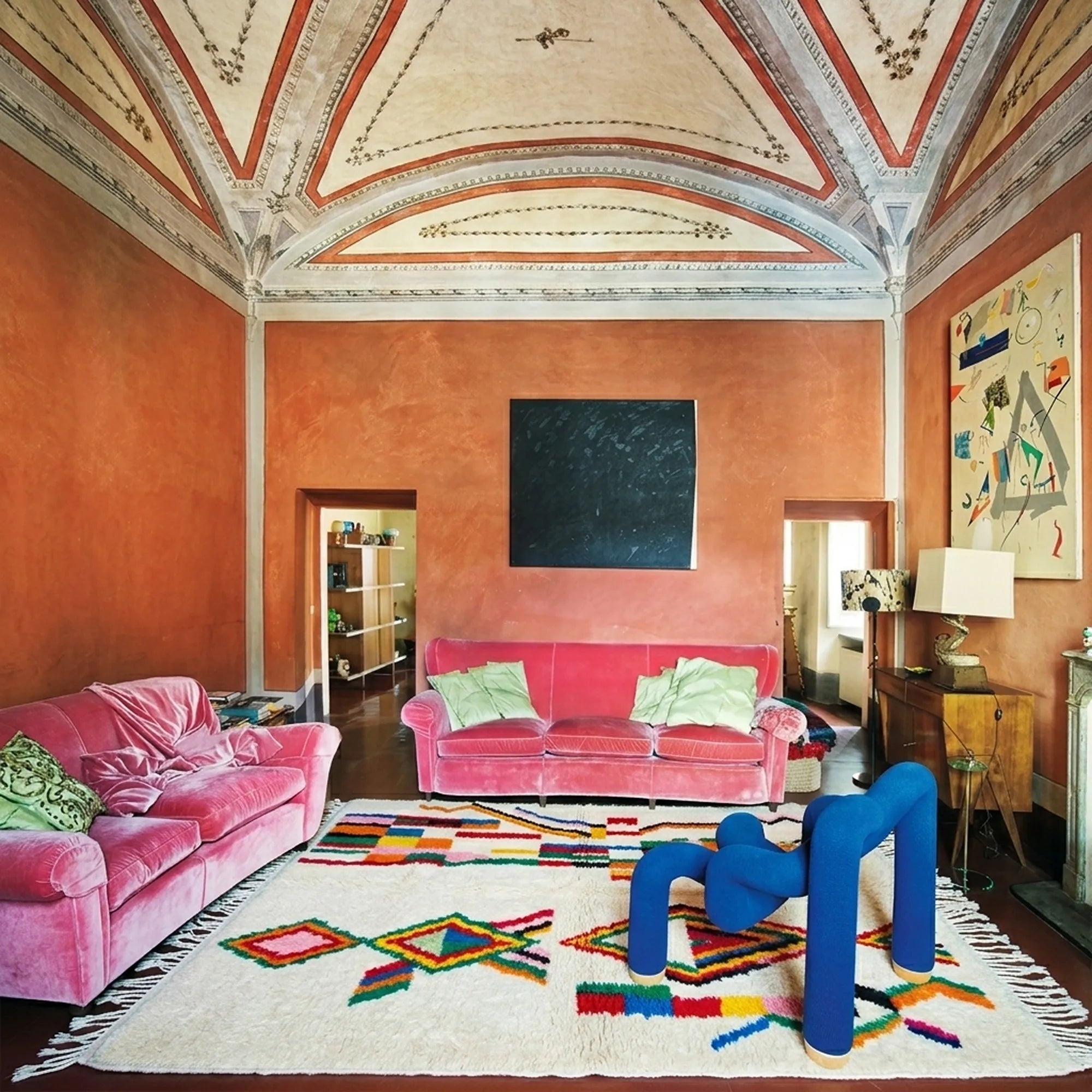Ivory Azilal rug Tuda with multicolor stripe diamonds, room view