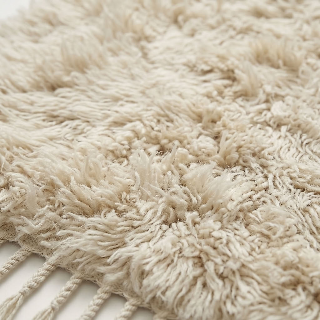 Macro view of ivory Beni Ourain handwoven knotted texture with natural variations