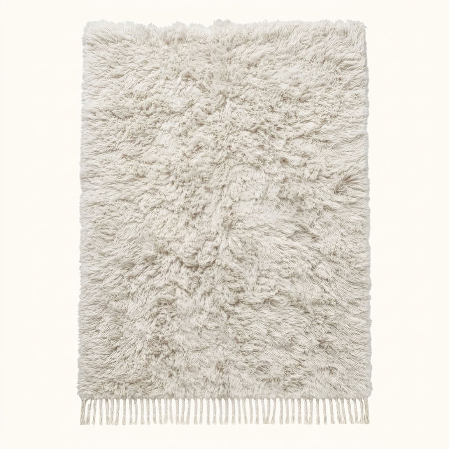 Ivory Beni Ourain Rug – Textured Pile – Kella, flat lay on neutral background showing thick wool pile and fringe