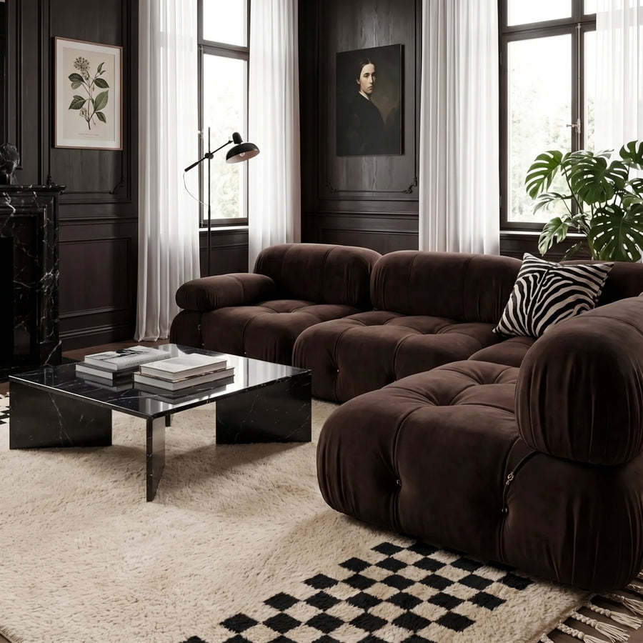Ivory and Black Beni Ourain Checkerboard Rug in modern living room with dark brown sofa and black marble table