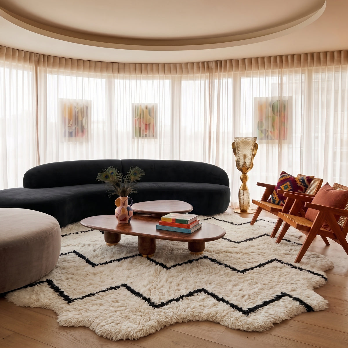 Ivory and black chevron Beni Ourain rug in modern living room with black curved sofa and wood furniture