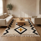 Ivory, black and gold Beni Ourain rug in modern living room with cream sofa and wooden coffee table