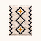Ivory, black and gold Beni Ourain rug with diamond lattice and cross motif, full flat view
