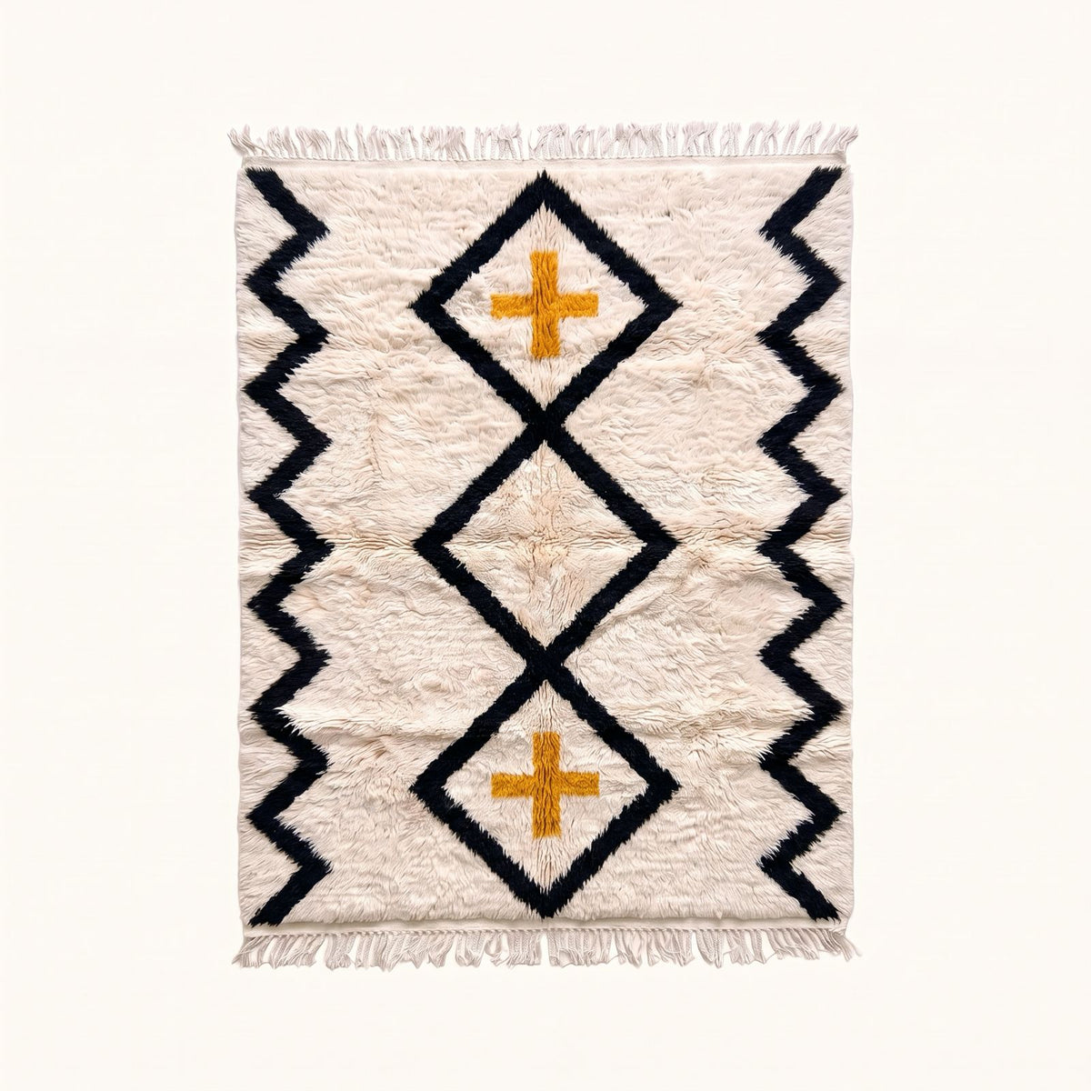Ivory, black and gold Beni Ourain rug with diamond lattice and cross motif, full flat view