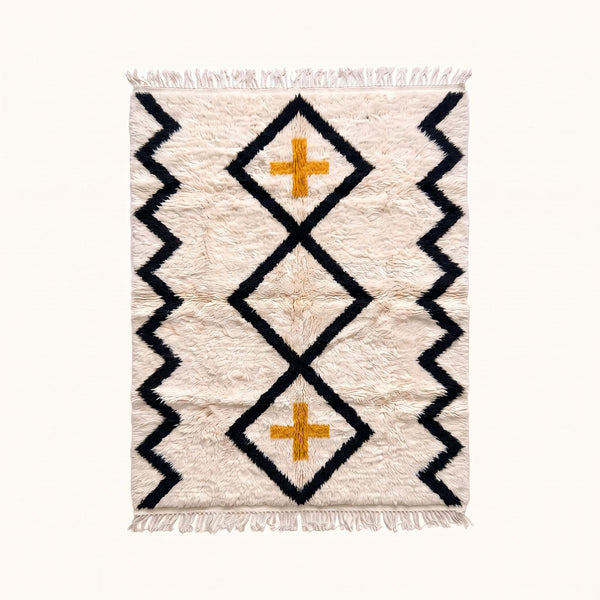 Ivory & Black Beni Ourain Rug – Diamond Lattice with Cross – Damya