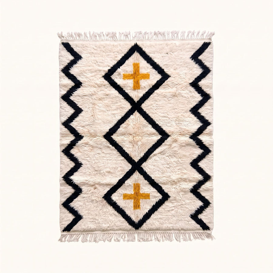 Ivory, black and gold Beni Ourain rug with diamond lattice and cross motif, full flat view