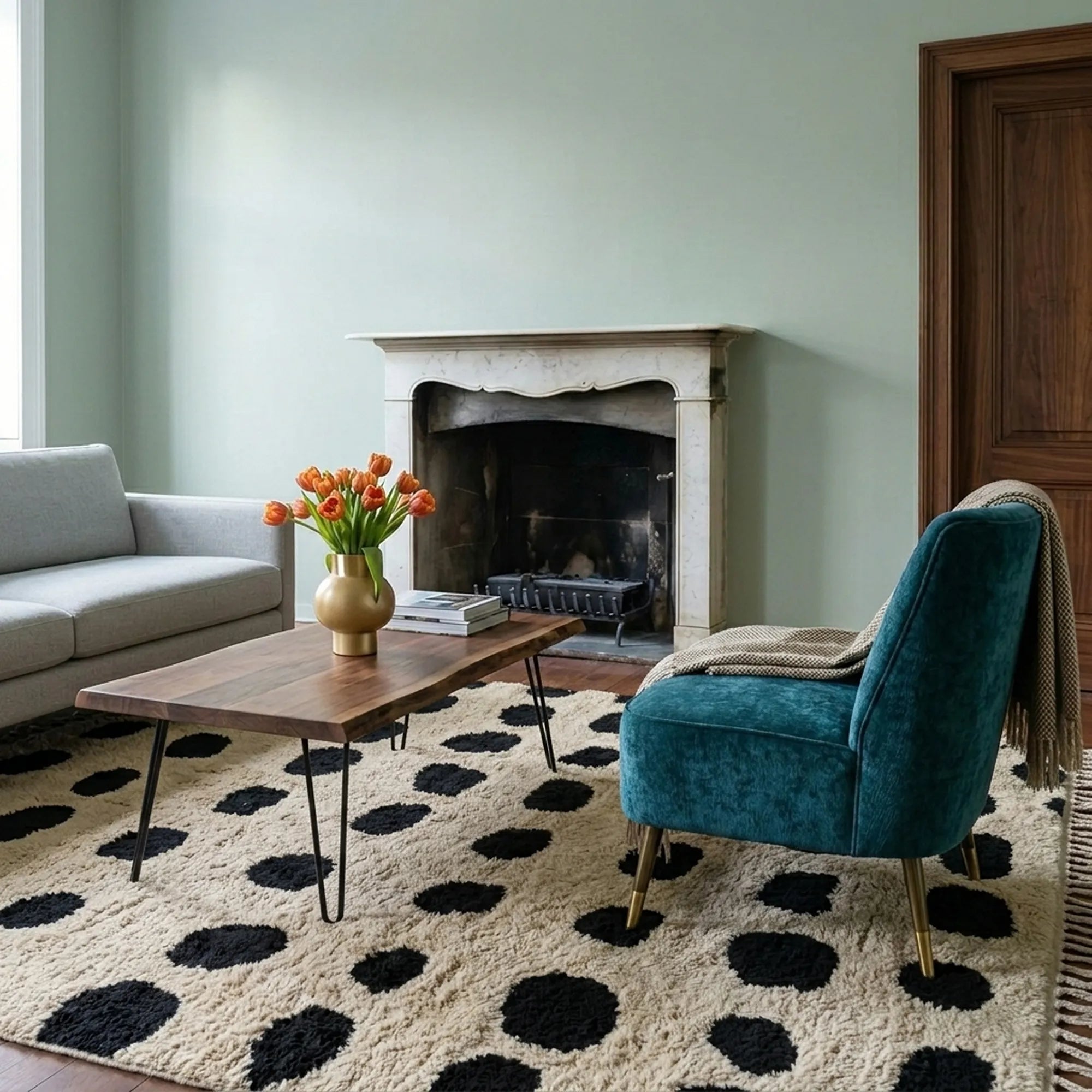 Tissa ivory and black Beni Ourain rug styled in a refined interior.