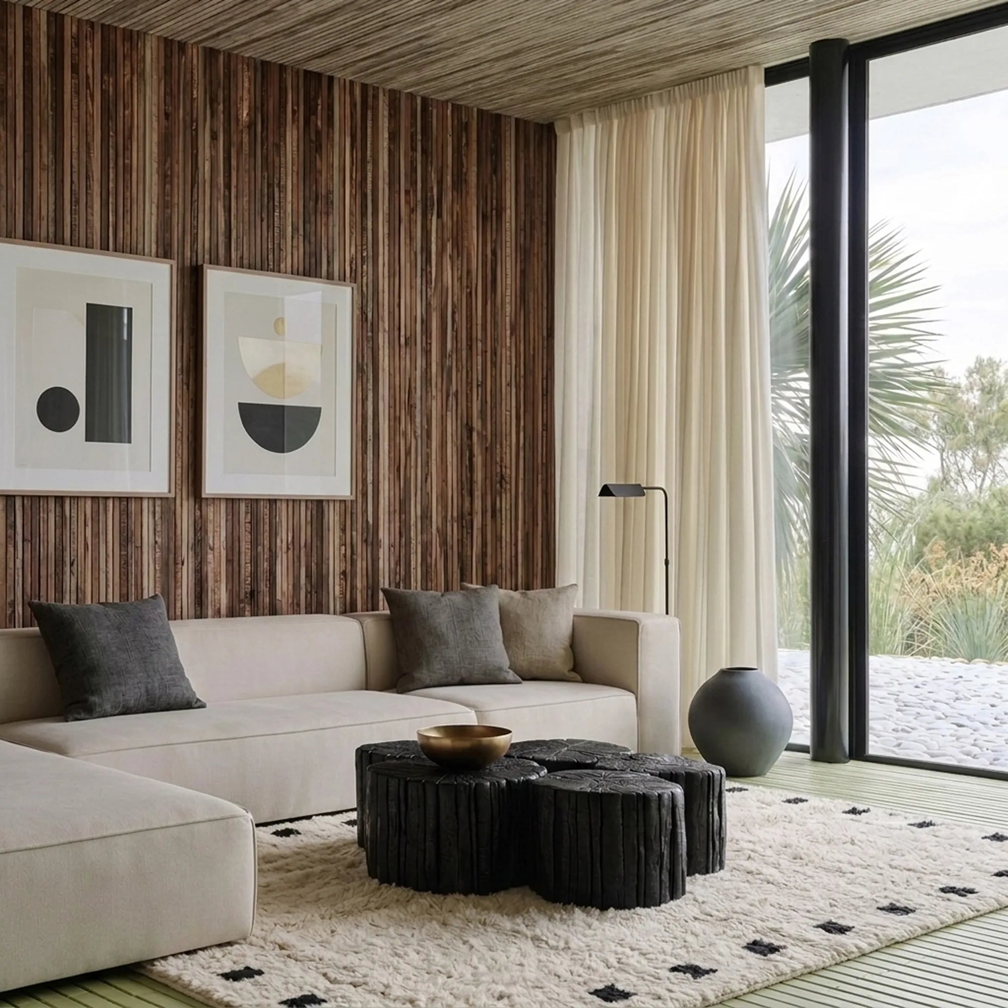 Ivory and black square border Moroccan rug styled in a living room.