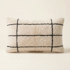 Ivory & Black Moroccan wool lumbar pillow, Hairline Grid design, 14 x 24 in