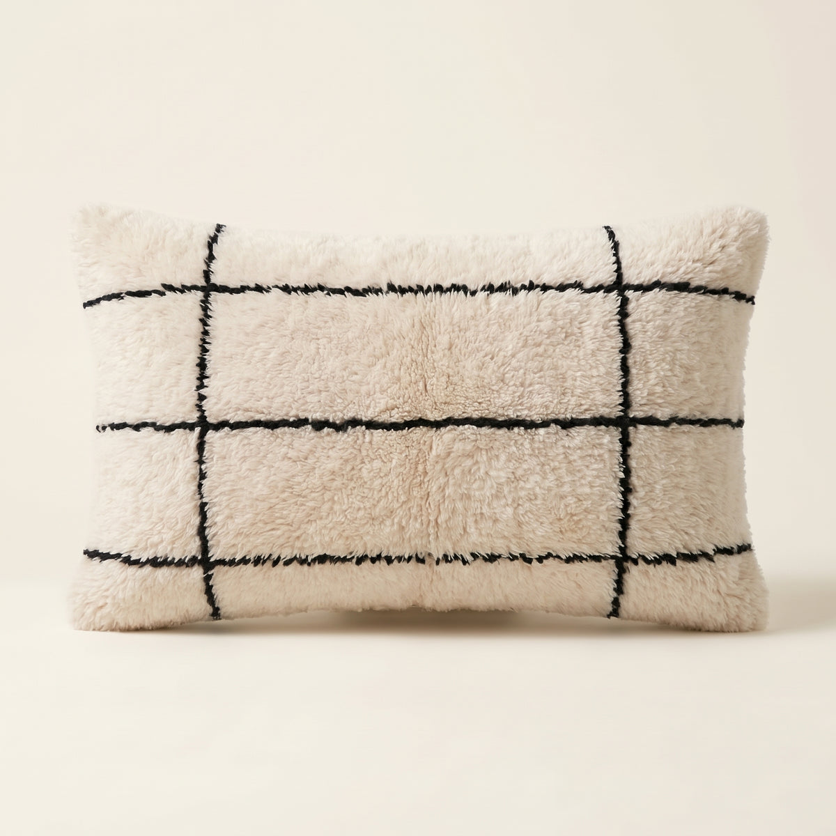 Ivory & Black Moroccan wool lumbar pillow, Hairline Grid design, 14 x 24 in