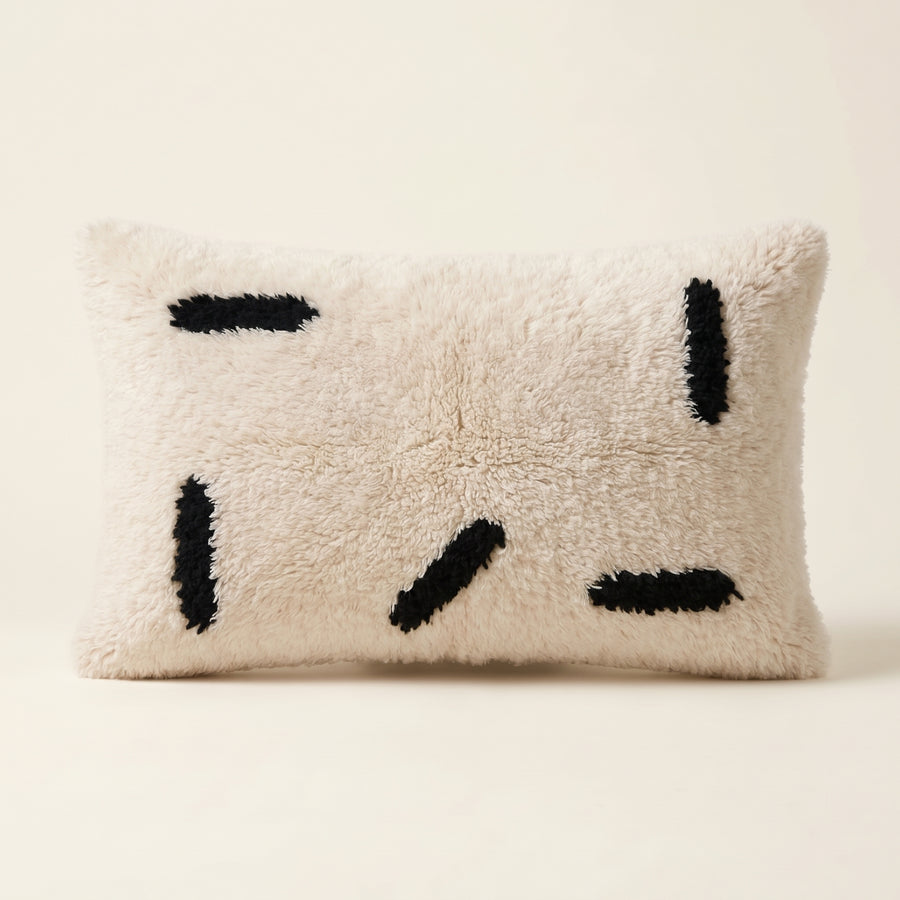 Ivory & Black Moroccan wool lumbar pillow, Minimal Marks design, 14 x 24 in