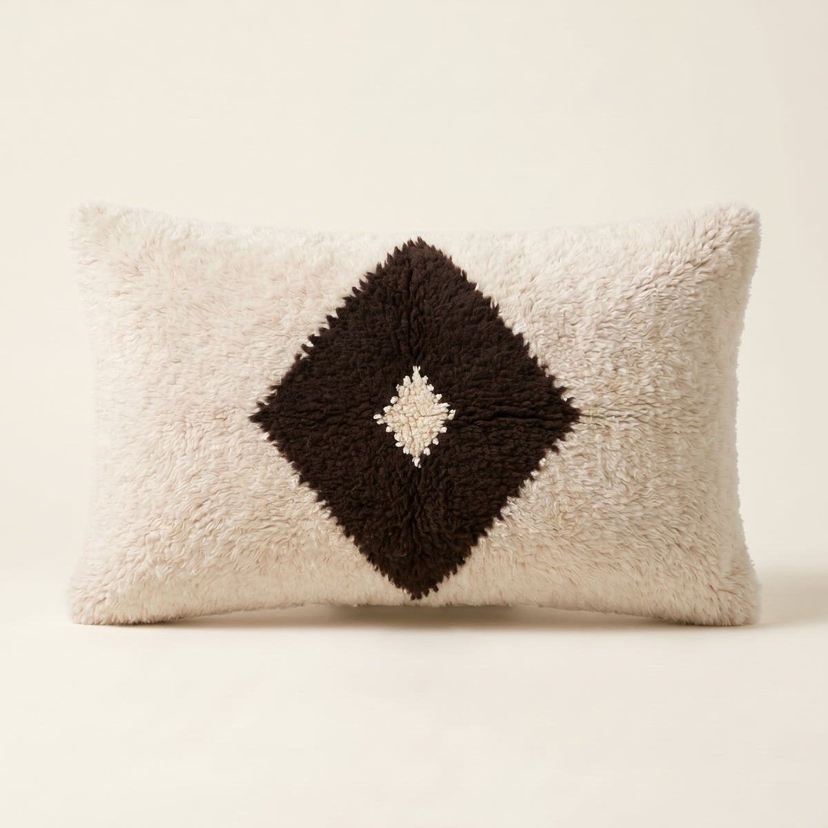 Ivory & Black Moroccan wool lumbar pillow, Single Eye design, 14 x 24 in