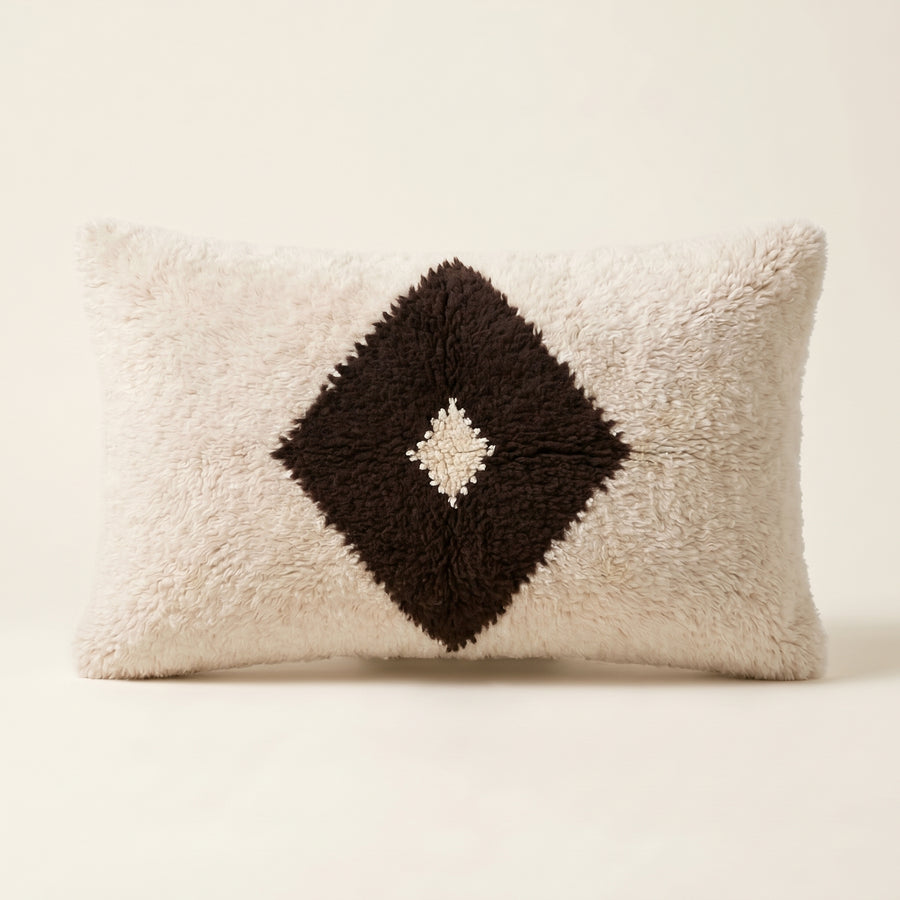 Ivory & Black Moroccan wool lumbar pillow, Single Eye design, 14 x 24 in