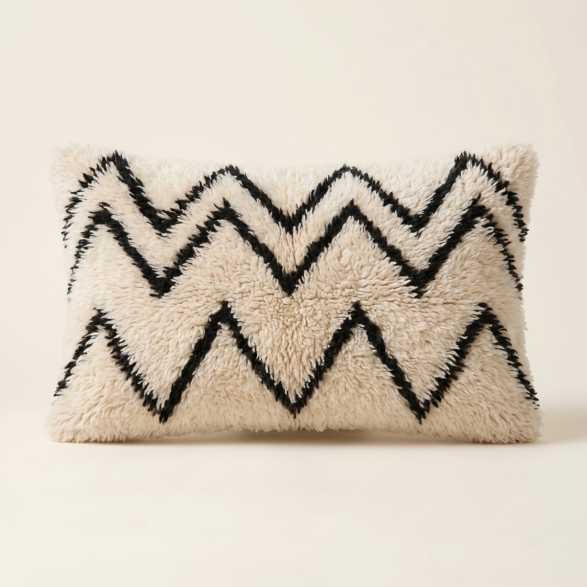 Ivory & Black Moroccan wool lumbar pillow, Water Lines design, 14 x 24 in