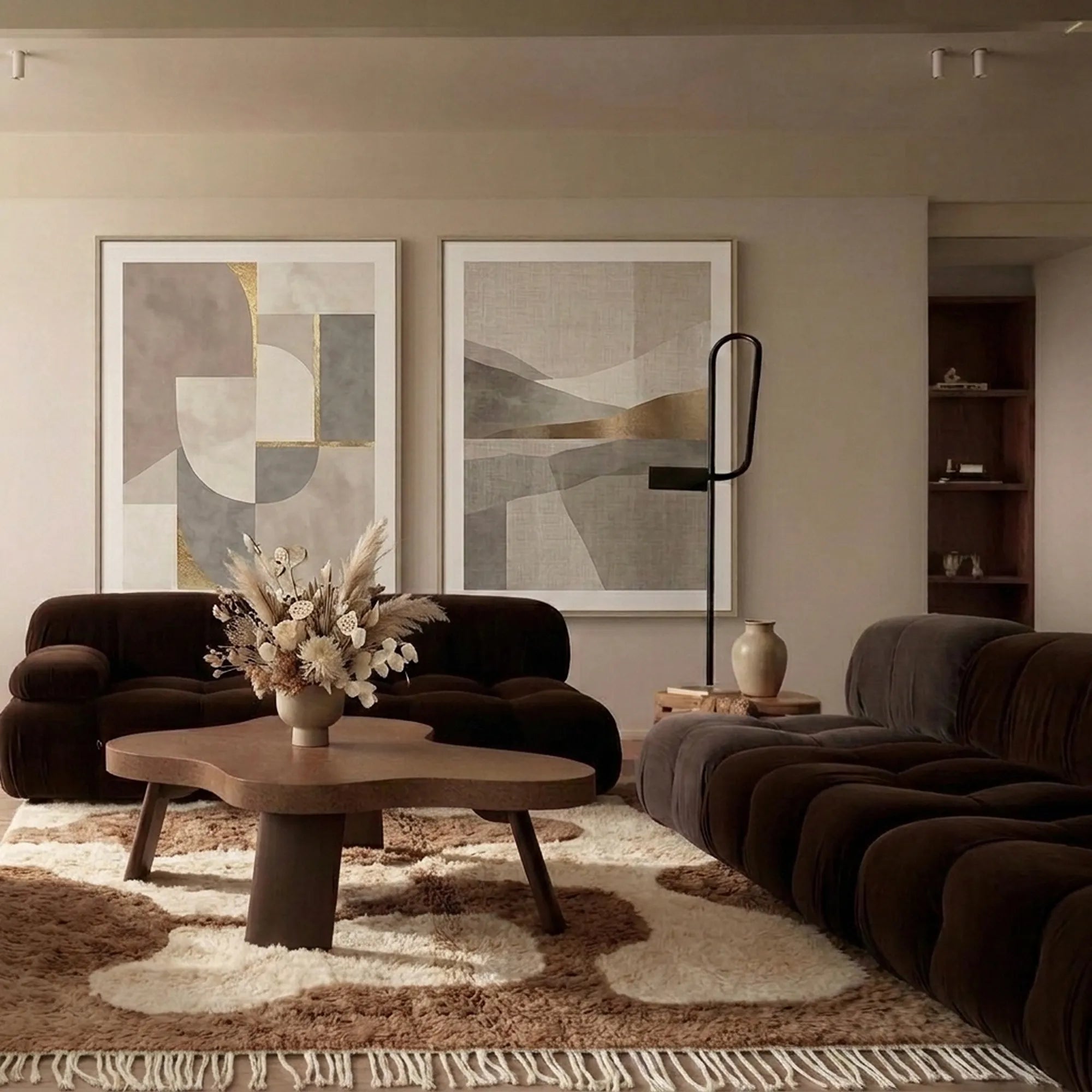 Ivory & Brown Mrirt rug Isfura with organic pebbles, styled in a living room
