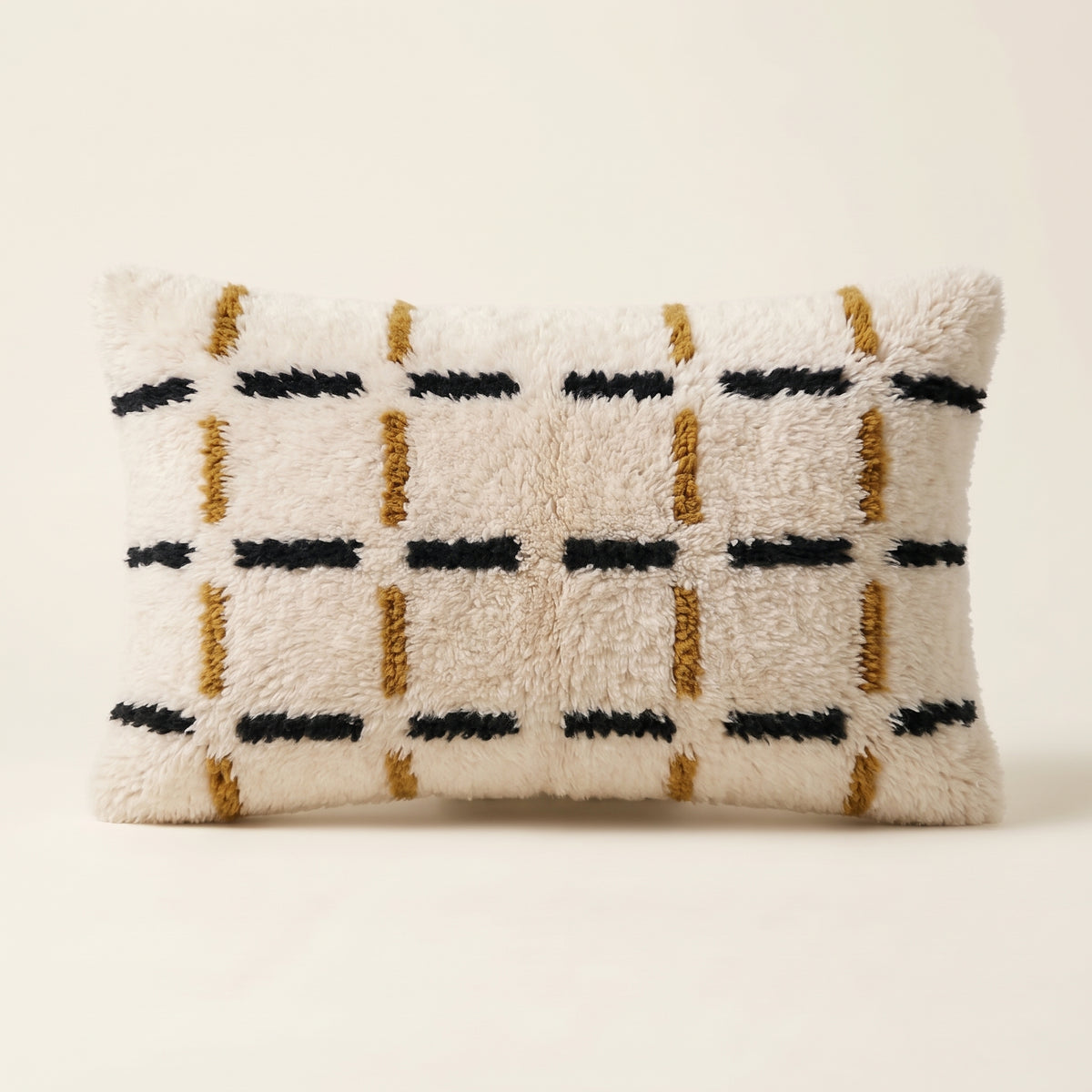 Ivory, Black & Mustard Moroccan wool lumbar pillow, Dash Grid design, 14 x 24 in
