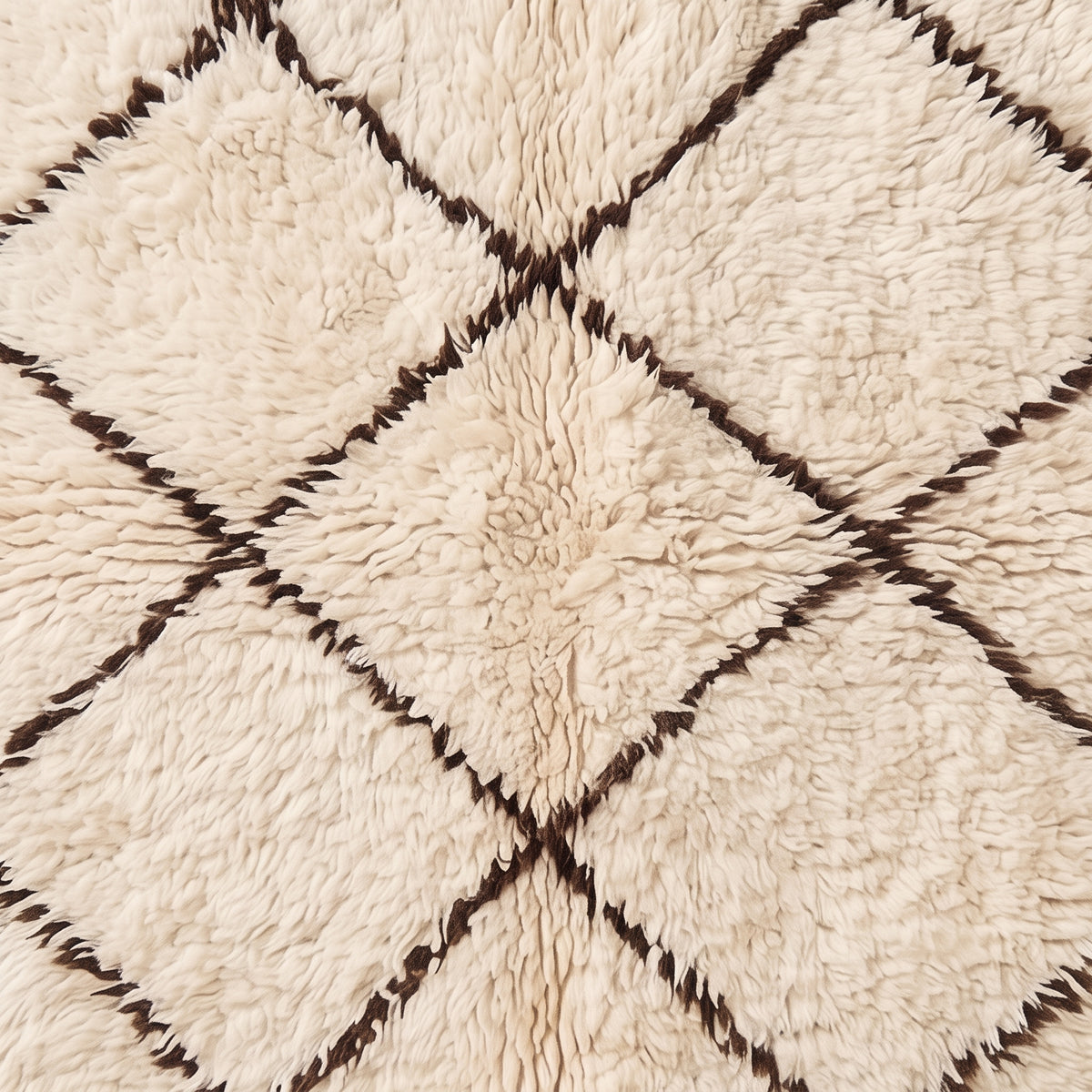 Detailed view of diamond lattice pattern and soft wool texture on Beni Ourain rug Ifri