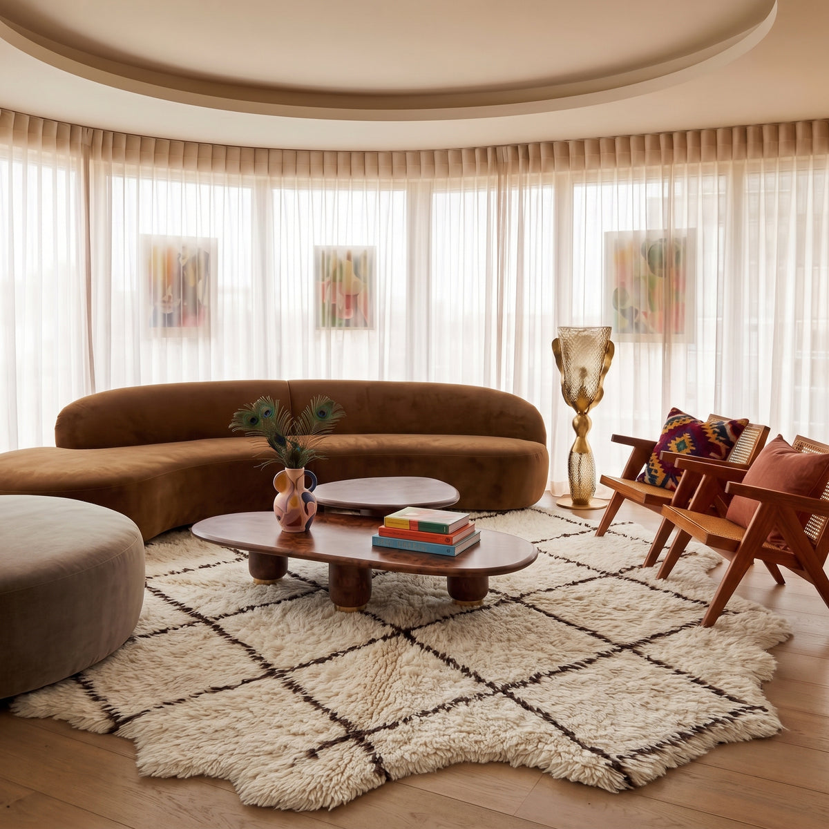 Ivory and brown Beni Ourain rug Ifri in modern living room with curved brown sofa and mid-century chairs