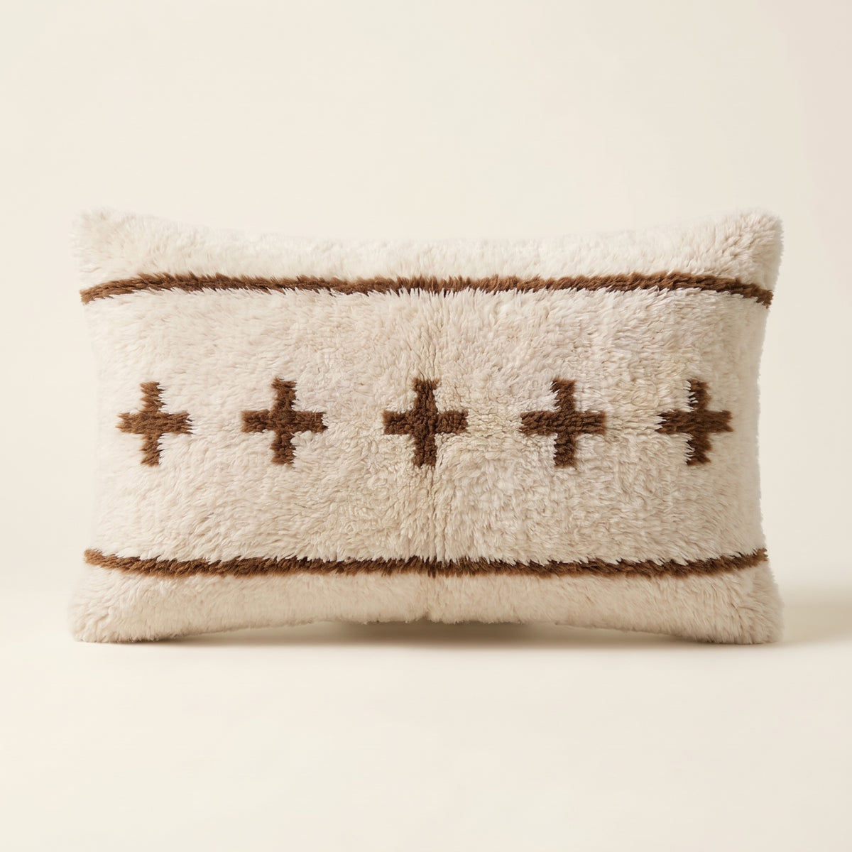 Ivory & Brown Moroccan wool lumbar pillow, Berber Crosses design, 14 x 24 in