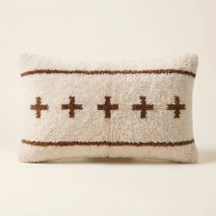 Ivory & Brown Moroccan wool lumbar pillow, Berber Crosses design, 14 x 24 in